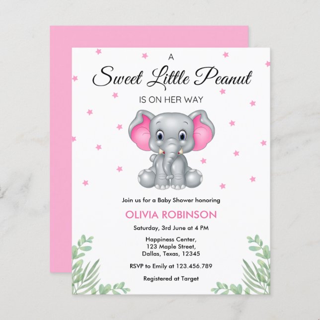 Papier Invitation au Baby shower de fille rose éléphant b (Devant / Derrière)