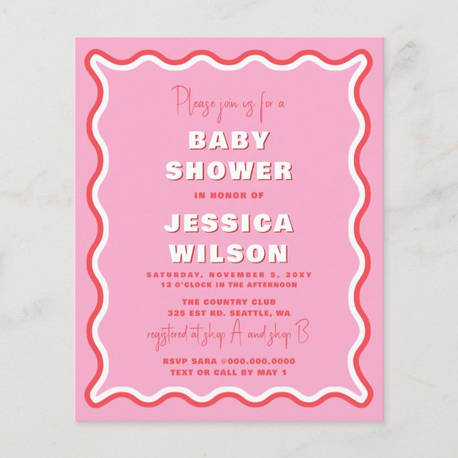 Papier Invitation au Baby shower de filles roses à budget (Devant)