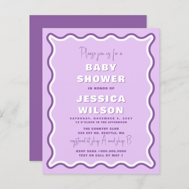 Papier Invitation au Baby shower de filles violettes à bu (Devant / Derrière)