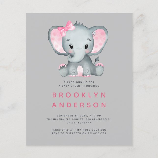 Papier Invitation au Baby shower de la fille éléphante BU (Devant)