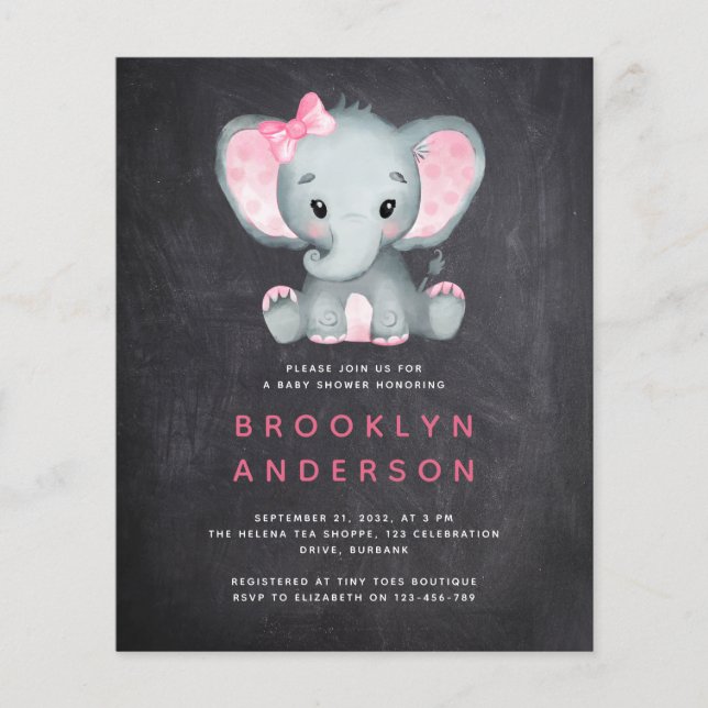 Papier Invitation au Baby shower de la fille éléphante BU (Devant)