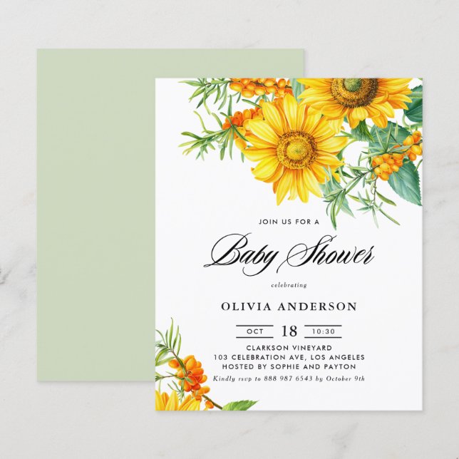 Papier Invitation au Baby shower de tournesol et d'épine  (Devant / Derrière)