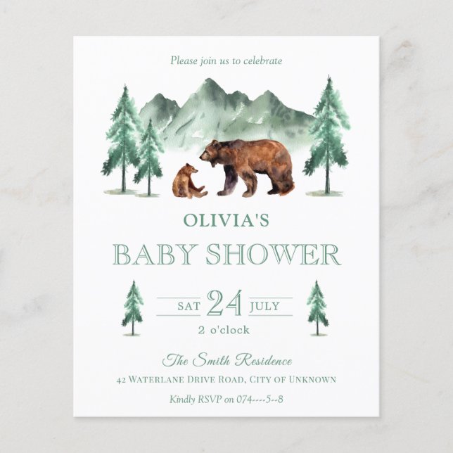 Papier Invitation au Baby shower d'ours de forêt verte ne (Devant)
