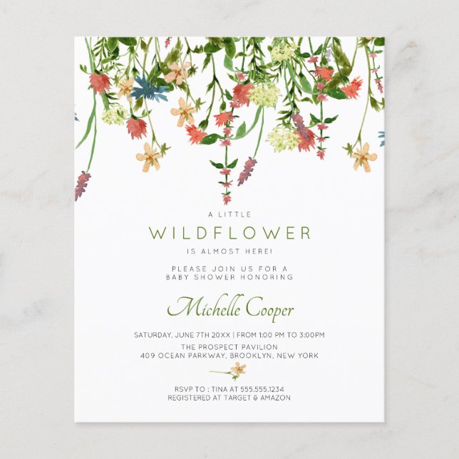 Papier Invitation au Baby shower du Fleur sauvage budgéta (Devant)