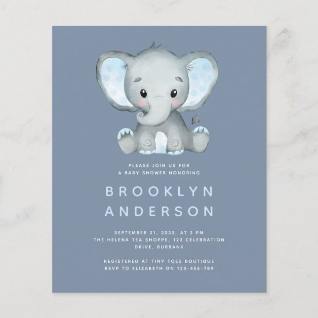 Papier Invitation au Baby shower du garçon éléphant BUDGE (Devant)