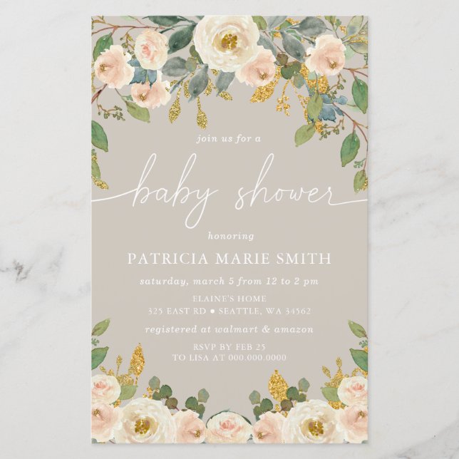 Papier Invitation au Baby shower floral du budget (Devant)