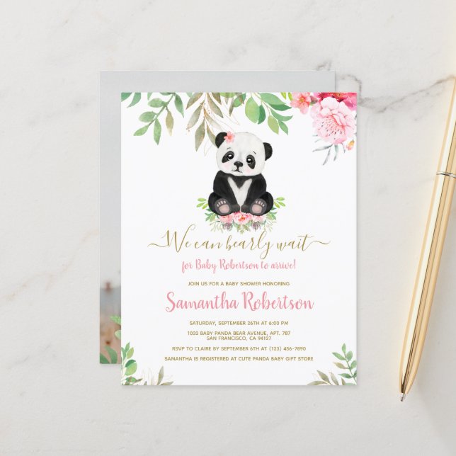 Papier Invitation au Baby shower photo Budget Rose Girl B (Devant/Arrière en situation)