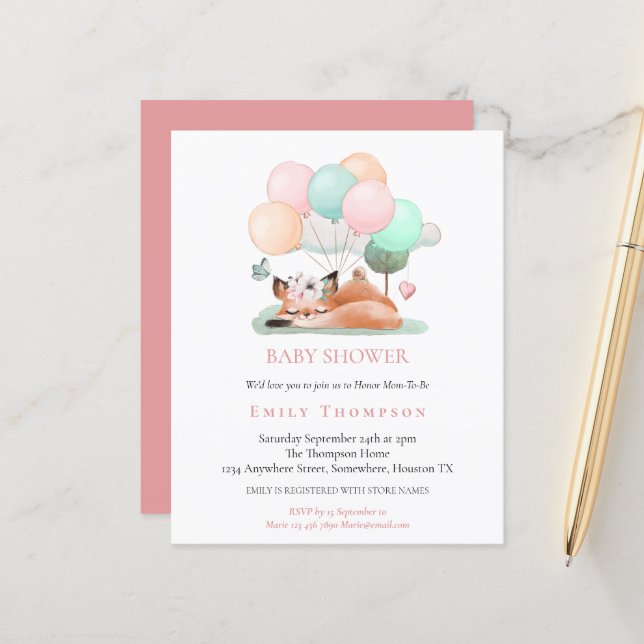 Papier Invitation au Baby shower rose de Fox couché budge (Devant/Arrière en situation)