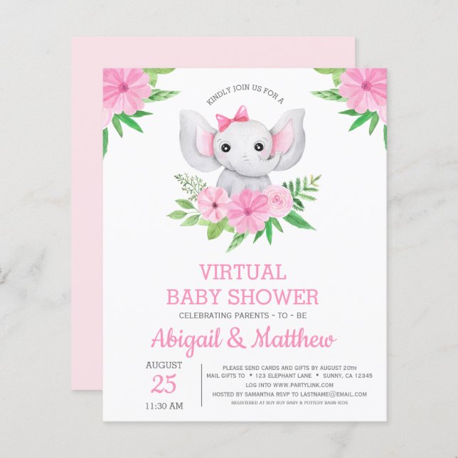 Papier Invitation au Baby shower virtuel de BUDGET Elepha (Devant / Derrière)