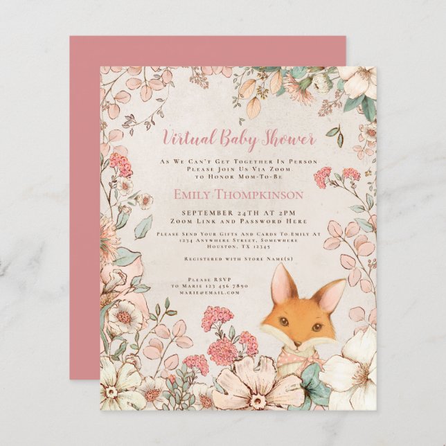 Papier Invitation au Baby shower virtuel de la fille Fox  (Devant / Derrière)