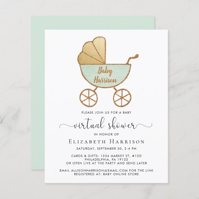 Papier Invitation au Baby shower virtuel vert de la Monna (Devant / Derrière)