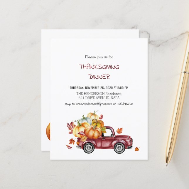 Papier Invitation au dîner Budget/Citrouille/Thanksgiving (Devant/Arrière en situation)