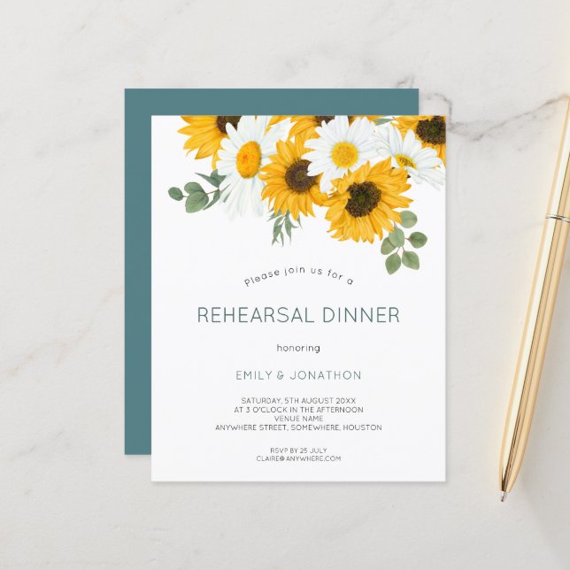 Papier Invitation au dîner de répétition des tournesols d (Devant/Arrière en situation)