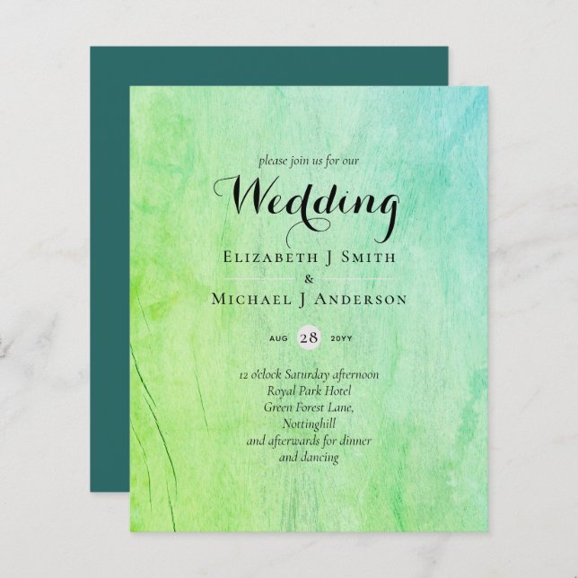 Papier Invitation au mariage vert Turquoise BUDGET (Devant / Derrière)