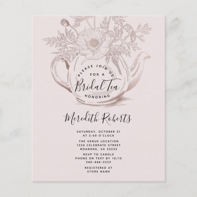 Papier Invitation au thé nuptiale pour théière Rose d'or  (Devant)