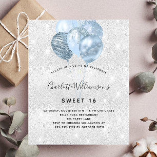Papier Invitation avec ballons en glitter bleu argenté po