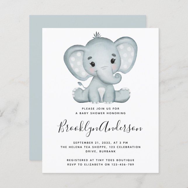 Papier Invitation Baby shower Blue Elephant BUDGET (Devant / Derrière)