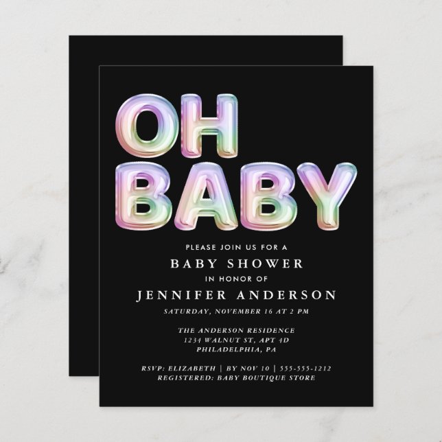 Papier Invitation Baby shower Budget Rainbow Balloons (Devant / Derrière)