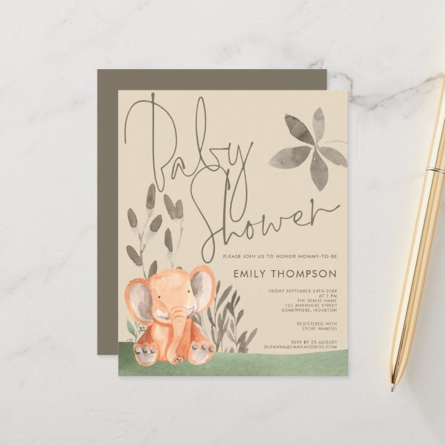 Papier Invitation Baby Shower Crème d'Éléphant de Budget (Devant/Arrière en situation)