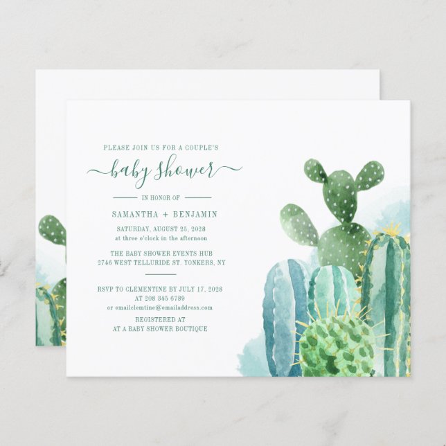 Papier Invitation Baby shower de Cactus aquarelle Couples (Devant / Derrière)