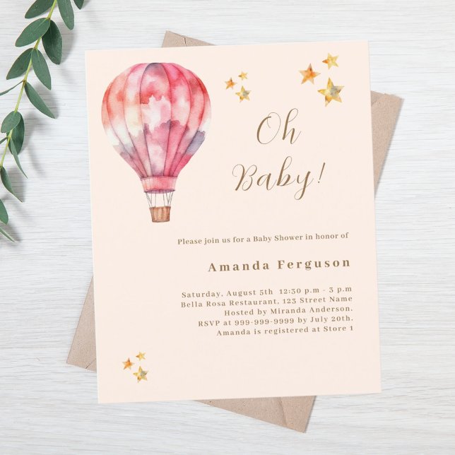 Papier Invitation Baby shower de fille rose en montgolfiè (Créateur téléchargé)