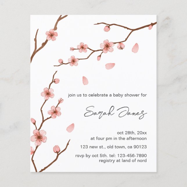 Papier Invitation Baby shower de fleurs de cerisier budge (Devant)