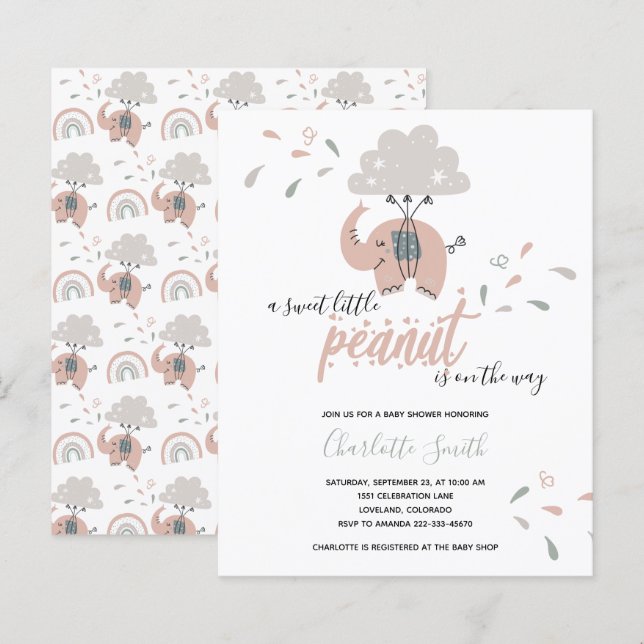 Papier Invitation Baby shower de la fille rose Eléphant B (Devant / Derrière)