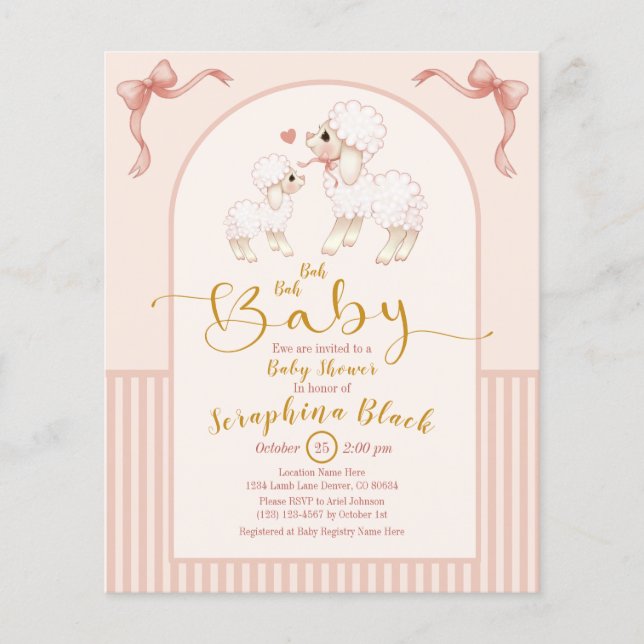 Papier Invitation Baby shower de l'agneau rose (Devant)
