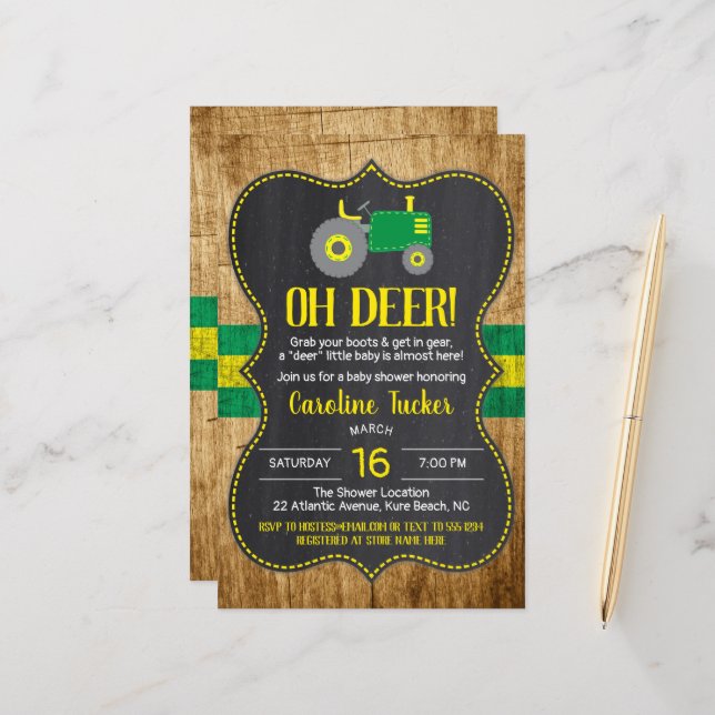 Papier Invitation Baby shower de tracteur vert rustique (Devant/Arrière en situation)