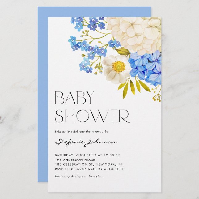 Papier Invitation Baby shower des hydrangées bleu et blan (Devant / Derrière)