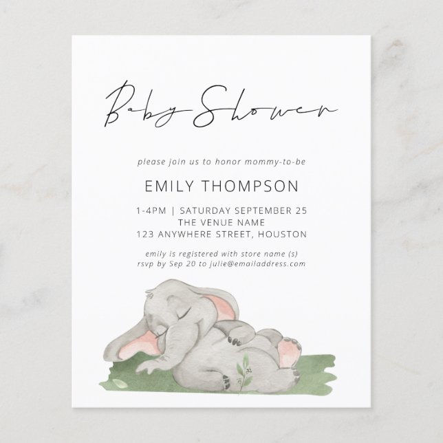 Papier Invitation Baby shower Eléphant Script Budget (Devant)