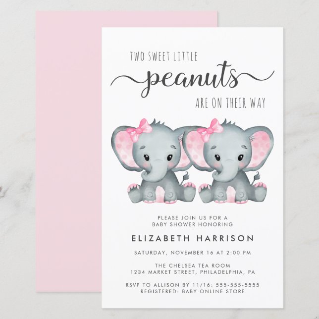 Papier Invitation Baby shower Eléphant Twin Girls Budget (Devant / Derrière)