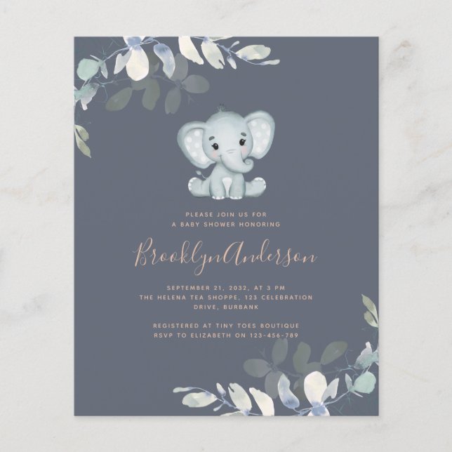 Papier Invitation Baby shower Eucalyptus Elephant BUDGET (Devant)