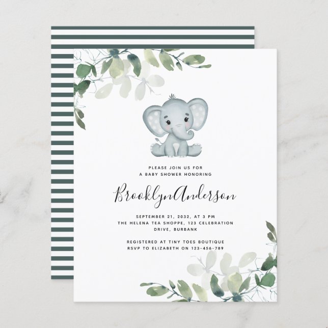Papier Invitation Baby shower Eucalyptus Elephant BUDGET (Devant / Derrière)