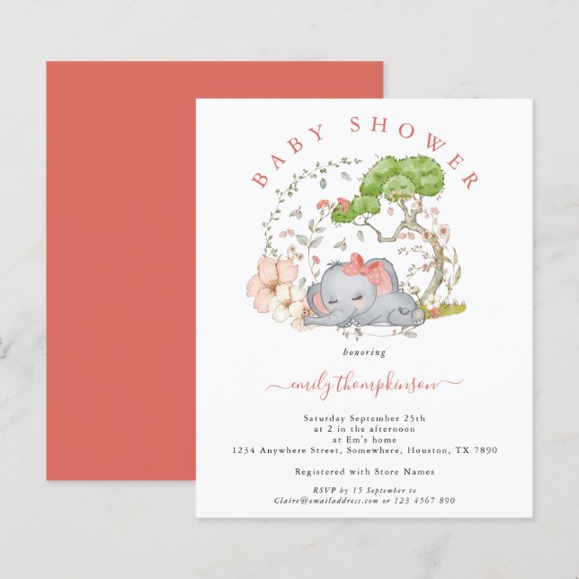 Papier Invitation Baby Shower Fille au Corail Eléphant de (Devant / Derrière)