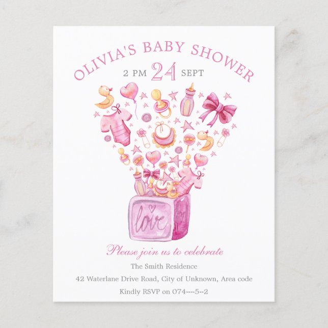 Papier Invitation Baby shower fille boîte rose surprise (Devant)