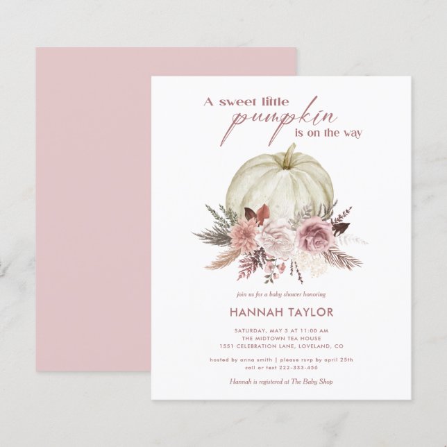 Papier Invitation Baby shower fille Citrouille rose budge (Devant / Derrière)