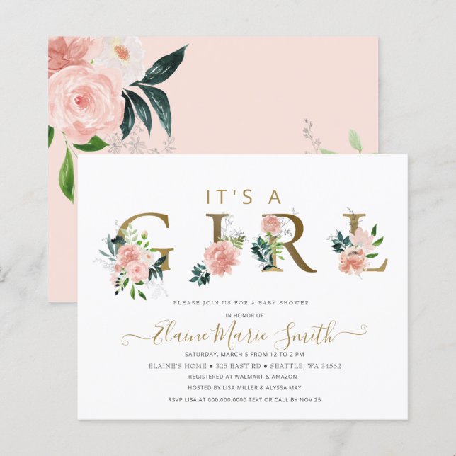 Papier Invitation Baby shower Fille Rose Budget (Devant / Derrière)