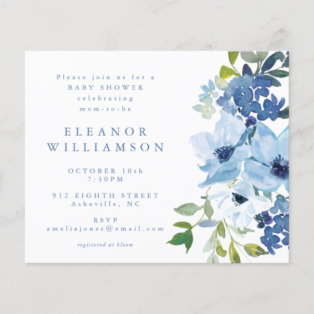 Papier Invitation Baby shower floral bleu budget (Devant)