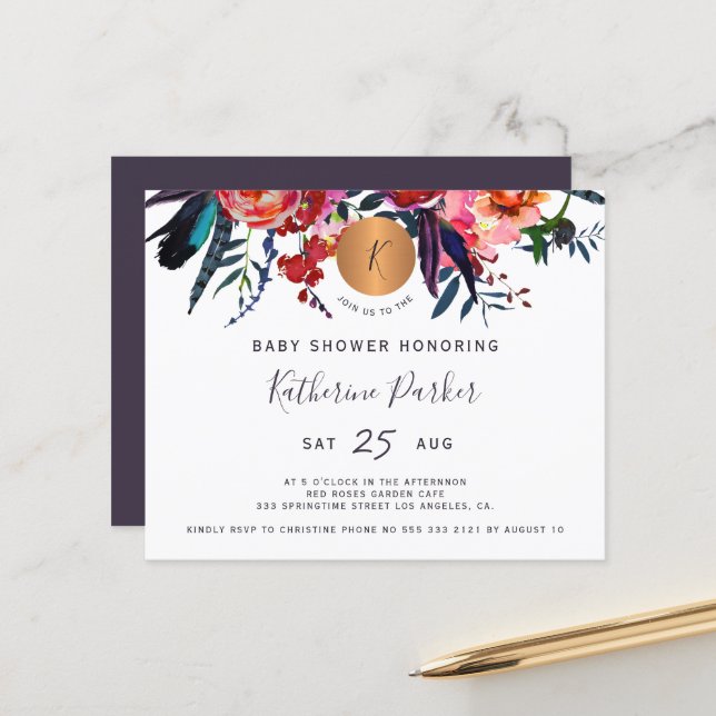 Papier Invitation baby shower floral d'aquarelle budgétai (Devant/Arrière en situation)