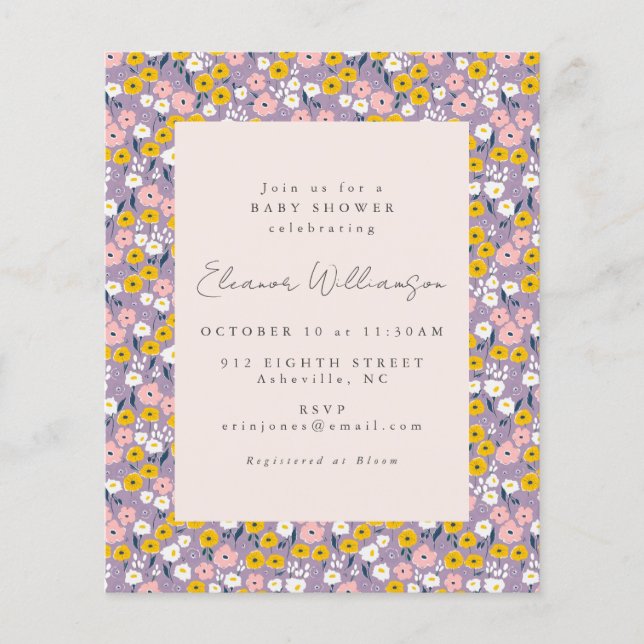 Papier Invitation Baby shower Floral de printemps violet  (Devant)