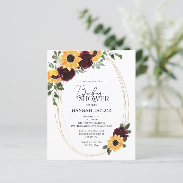 Papier Invitation Baby shower floral de tournesol Budget (Debout devant)
