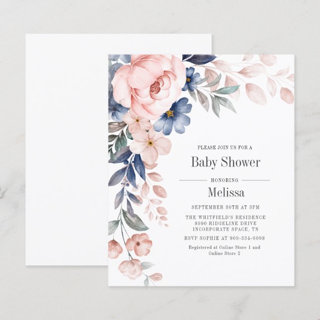 Papier Invitation Baby shower Floral Rose Budget (Devant / Derrière)