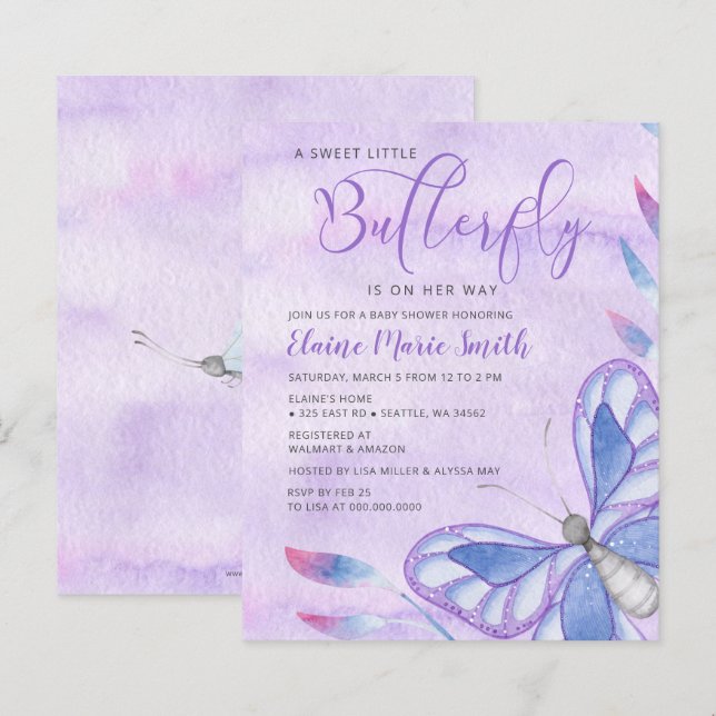 Papier Invitation Baby shower papillon violet budget (Devant / Derrière)