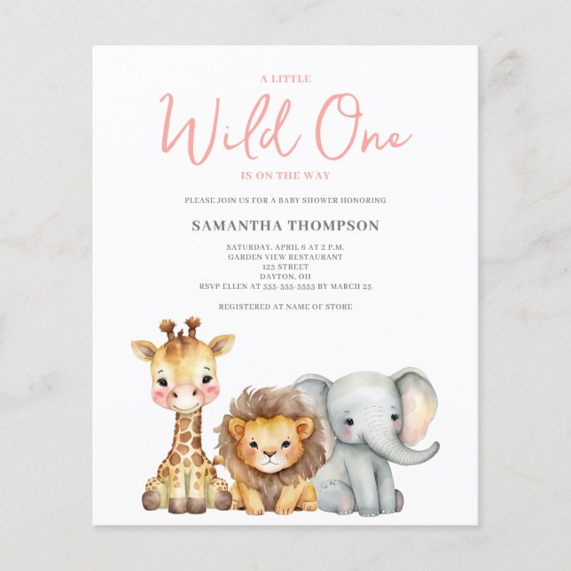Papier Invitation Baby shower Safari Wild One Budget (Devant)