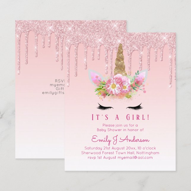 Papier Invitation Baby shower Unicorne Filles roses migno (Devant / Derrière)