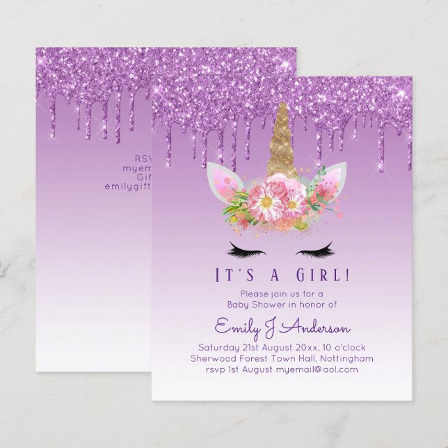 Papier Invitation Baby shower Unicorne Filles roses migno (Devant / Derrière)