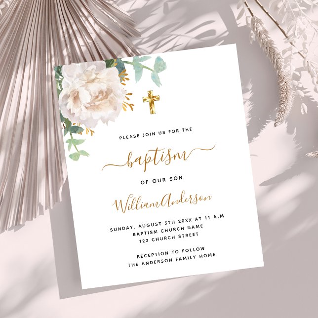 Papier Invitation baptême de l'or floral blanc cross budg (Créateur téléchargé)