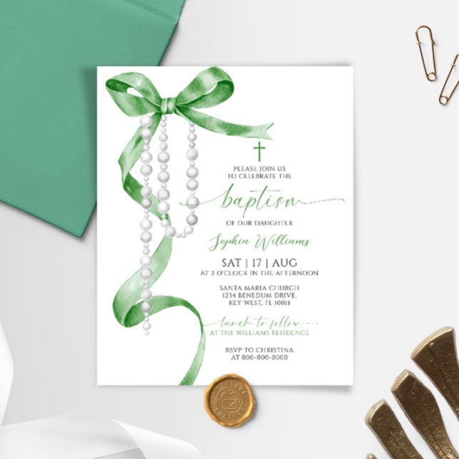 Papier Invitation Baptême de Rosaire et Bow vert de Sage  (Créateur téléchargé)
