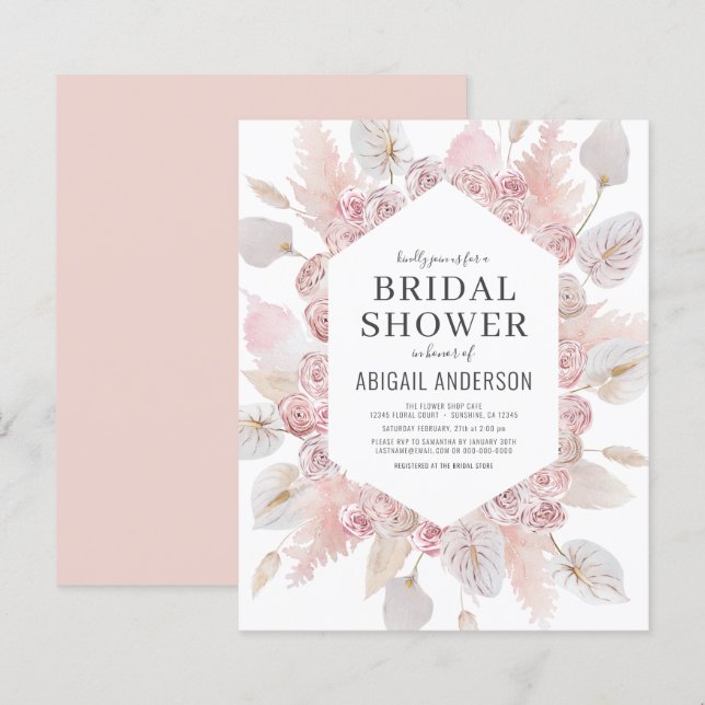 Papier Invitation Boho Blush Rose Bridal Shower Budget (Devant / Derrière)